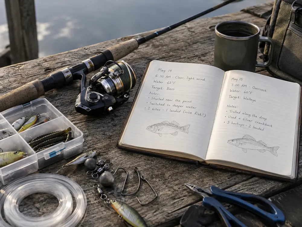Fishing notebook beside rod reel and terminal tackle