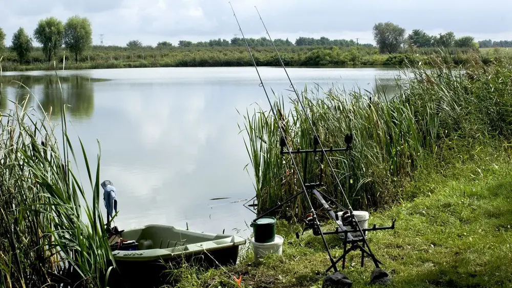 Fishing rods and equipment beside a British coastal mark